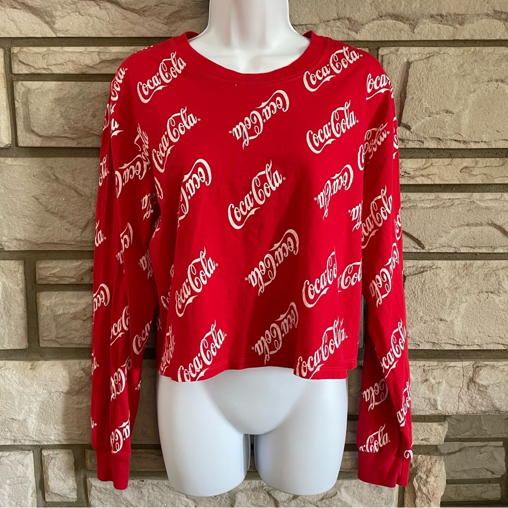 Coca-Cola Red & White Cropped Long Sleeve Logo Tee Shirt Size M